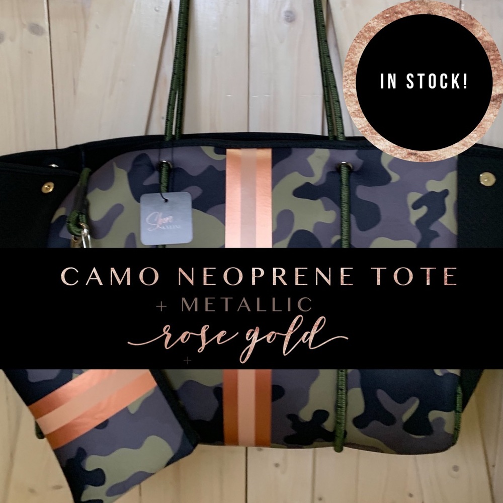 exclusive Camo Neoprene Tote Purse Bag + metallic Rose Gold racing stripes +more